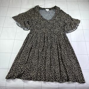 Bohme Dress Womens Large Black Ditsy Floral Smocked V Neck Bohemian Mini Flower